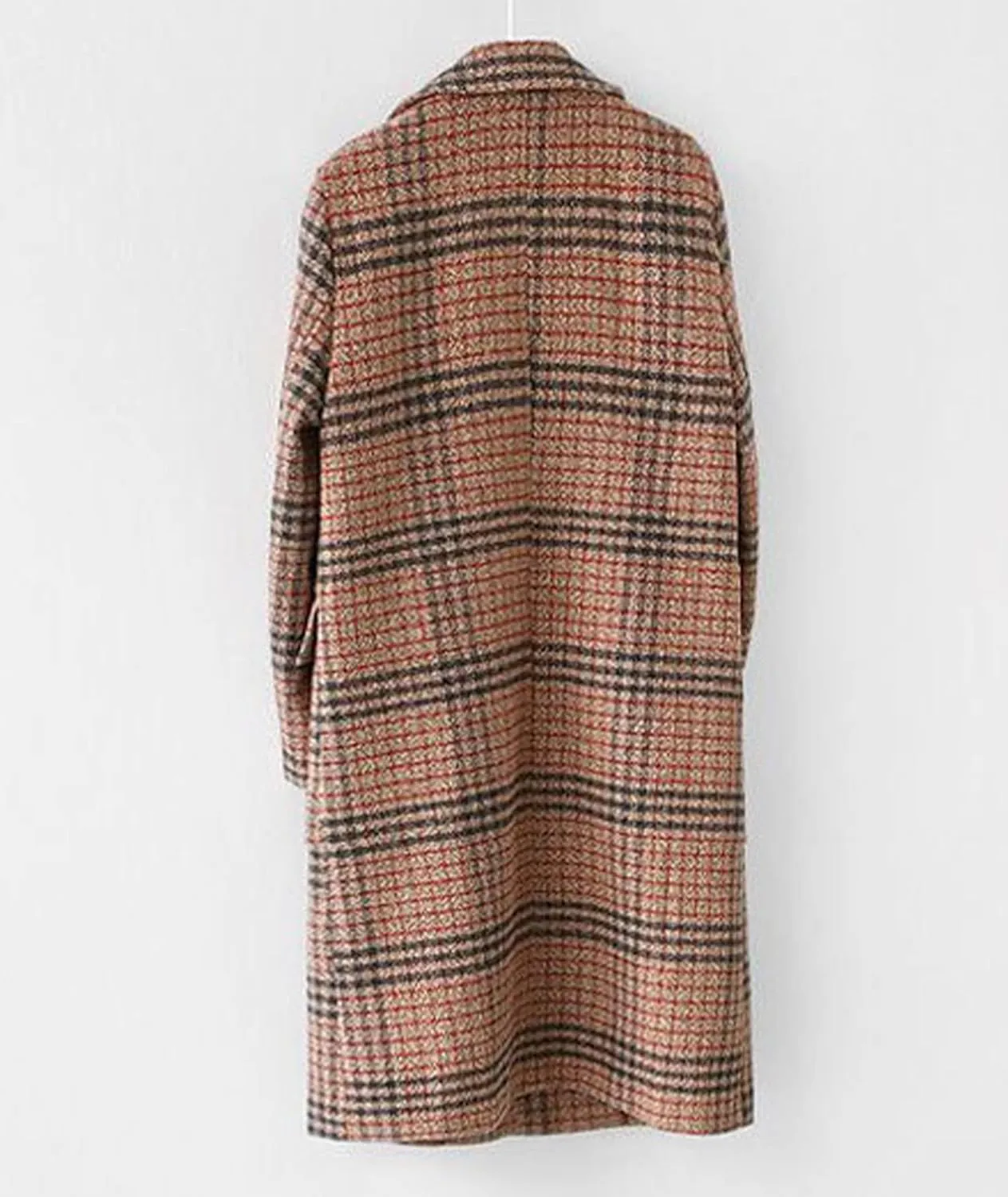 xxxiticat Women's Plaid Trench Coat Double Breasted Long Peacoat Winter Camel Peak Lapel Loose Woolen Jacket Outerwear