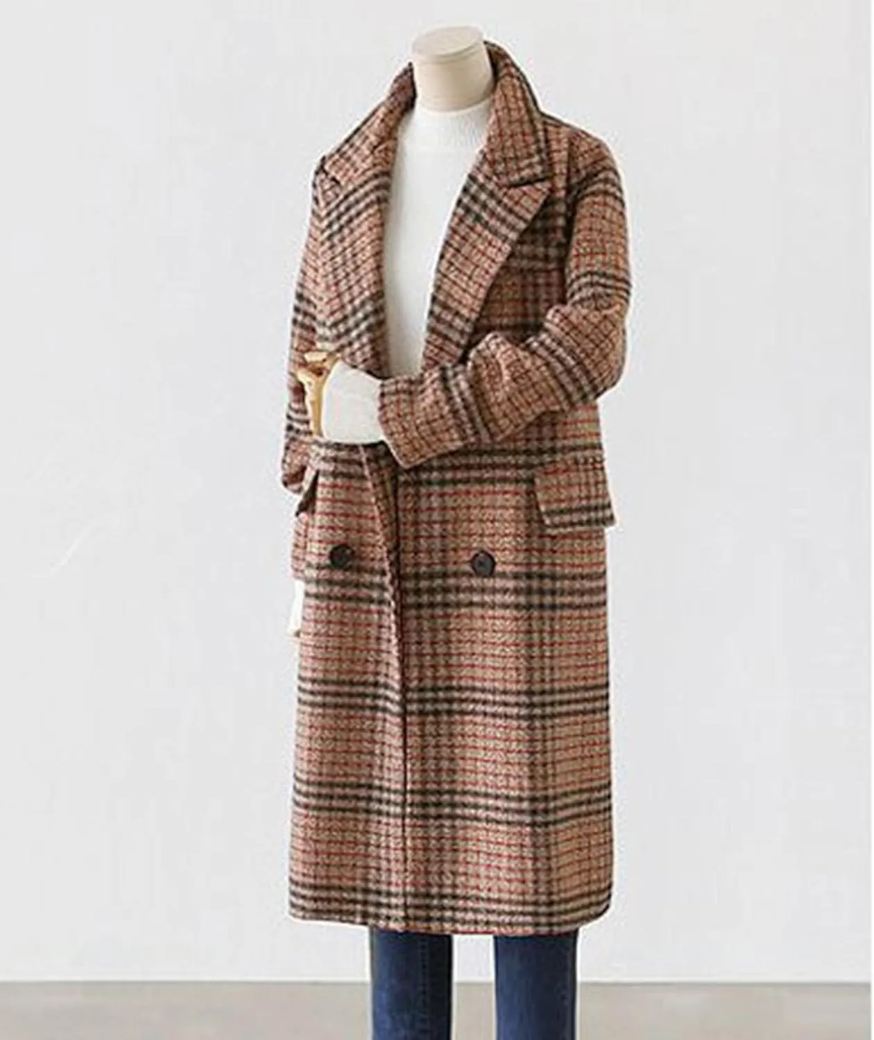 xxxiticat Women's Plaid Trench Coat Double Breasted Long Peacoat Winter Camel Peak Lapel Loose Woolen Jacket Outerwear