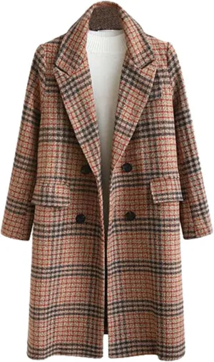 xxxiticat Women's Plaid Trench Coat Double Breasted Long Peacoat Winter Camel Peak Lapel Loose Woolen Jacket Outerwear