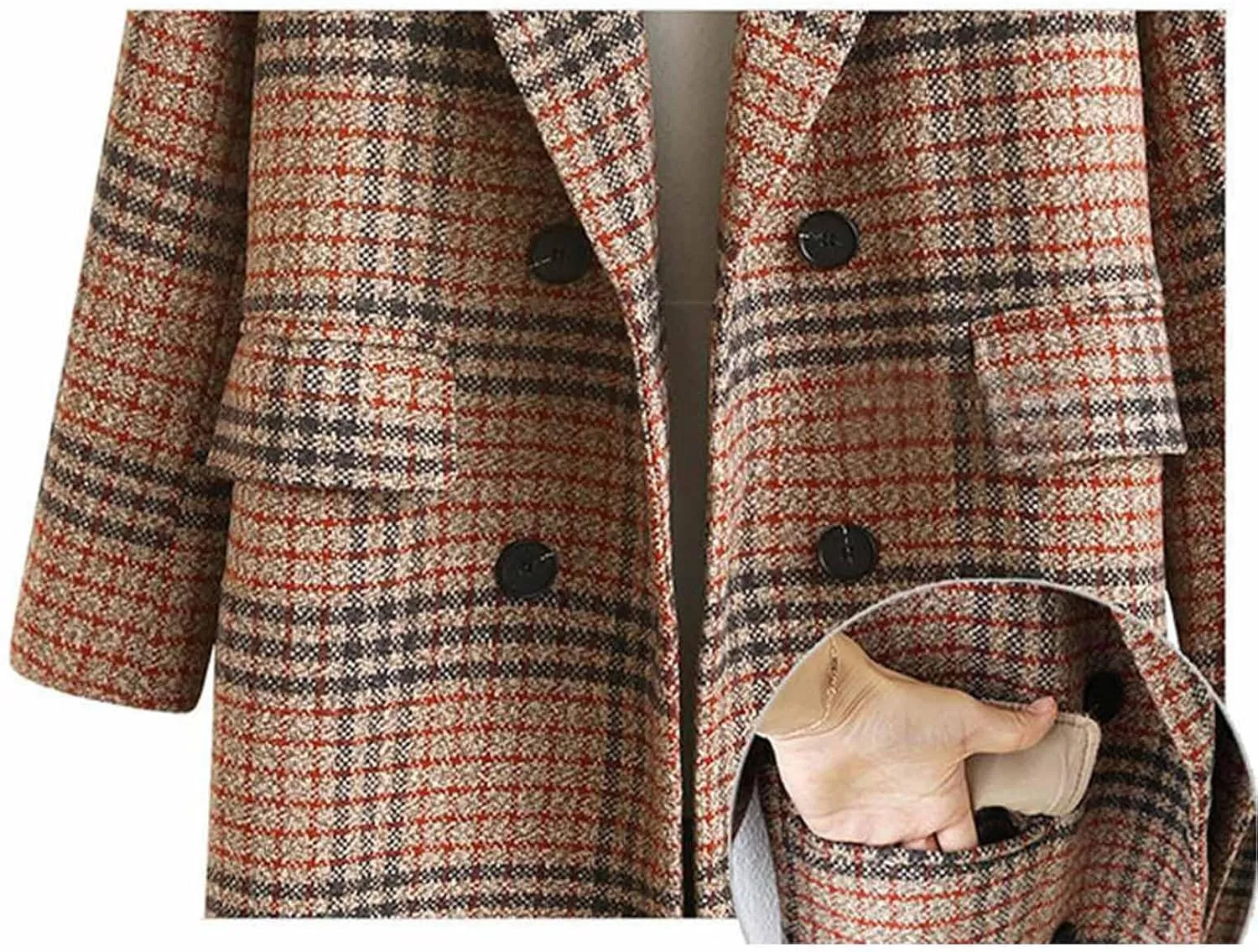 xxxiticat Women's Plaid Trench Coat Double Breasted Long Peacoat Winter Camel Peak Lapel Loose Woolen Jacket Outerwear