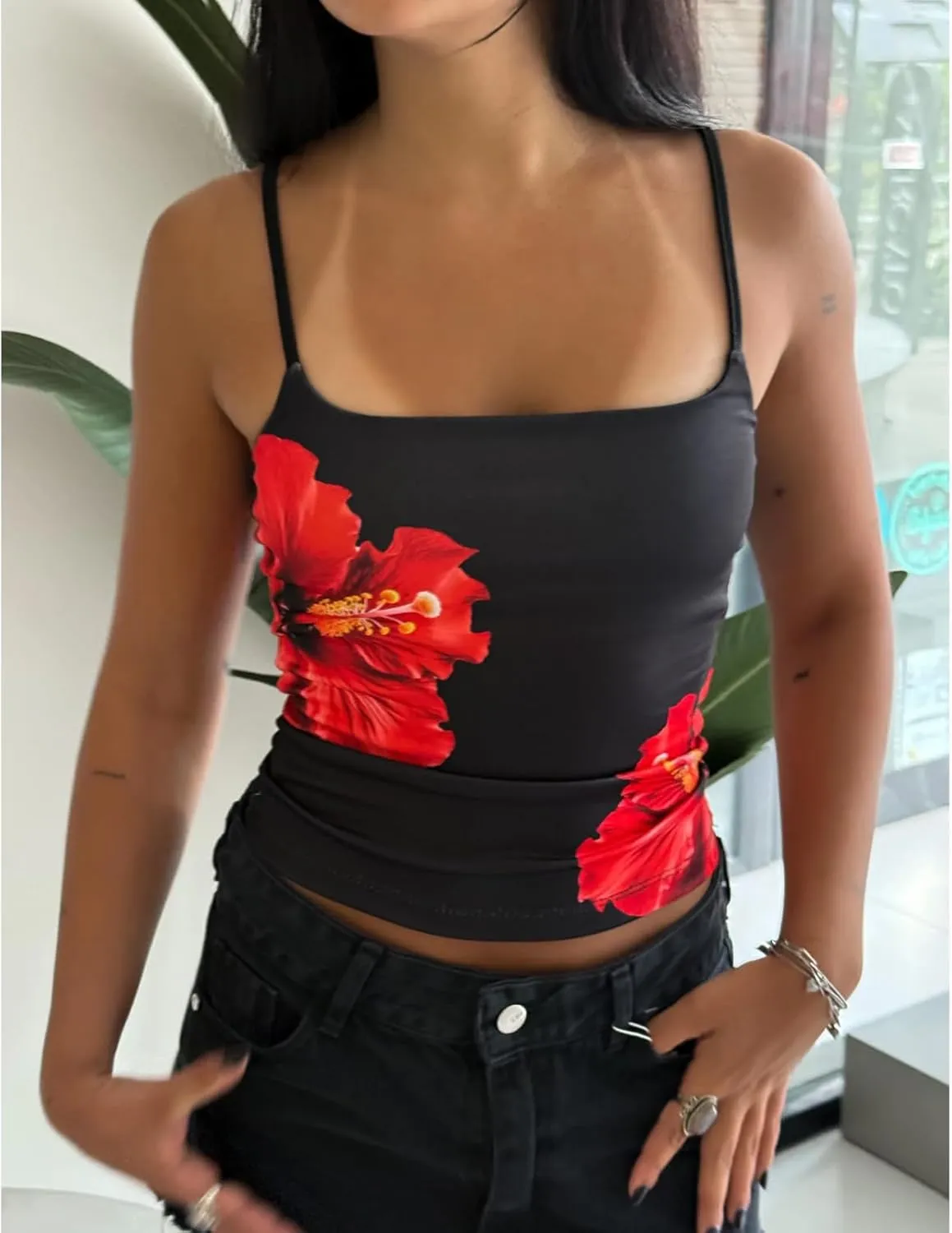 Y2K Spaghetti Strap Crop Top Vintage Floral Aesthetic Cami Tank Tops Teen Cute Summer Trendy Scoop Neck Going Out Tops
