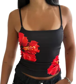 Y2K Spaghetti Strap Crop Top Vintage Floral Aesthetic Cami Tank Tops Teen Cute Summer Trendy Scoop Neck Going Out Tops