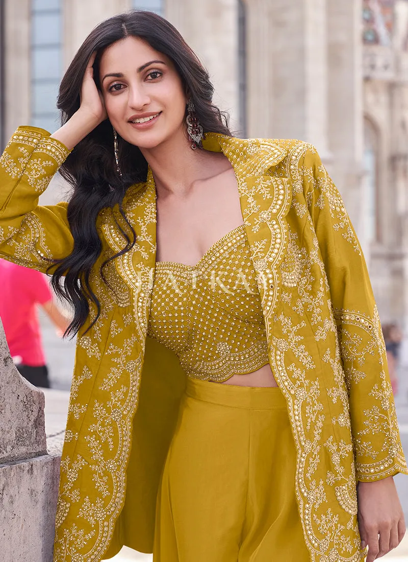 Yellow Embroidered Jacket Style Designer Palazzo Suit