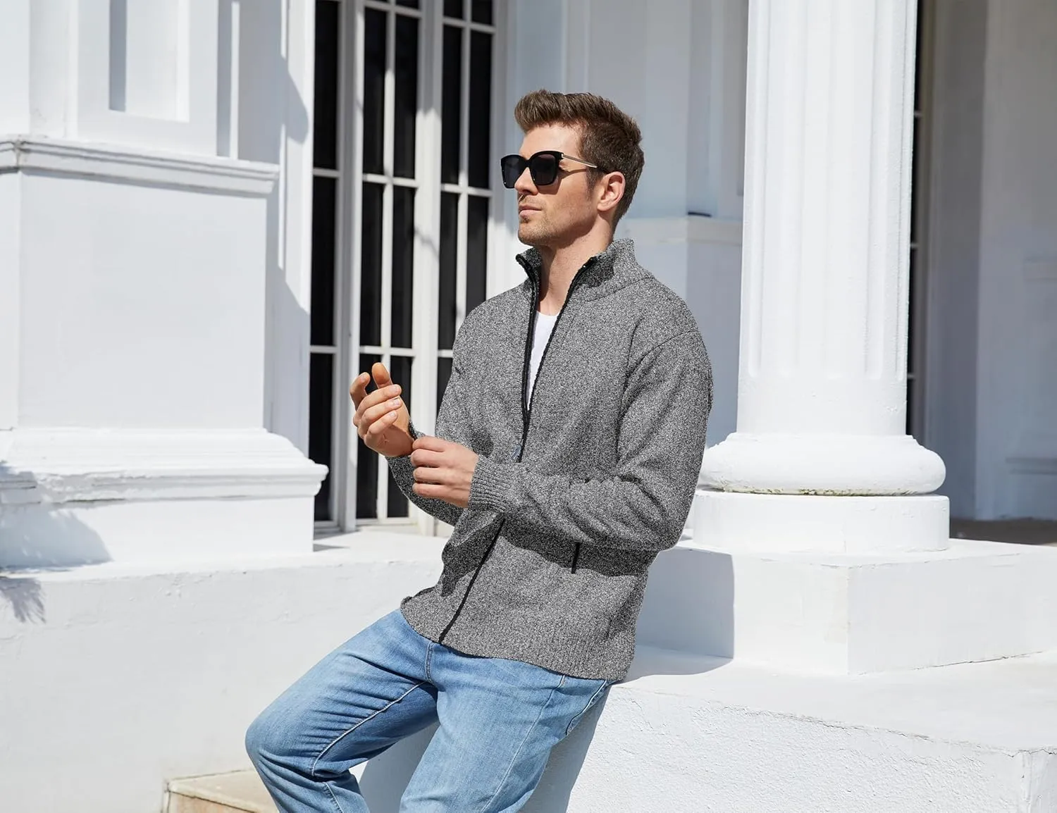 Yeokou Men's Casual Slim Full Zip Thick Knitted Cardigan Sweaters with Pockets