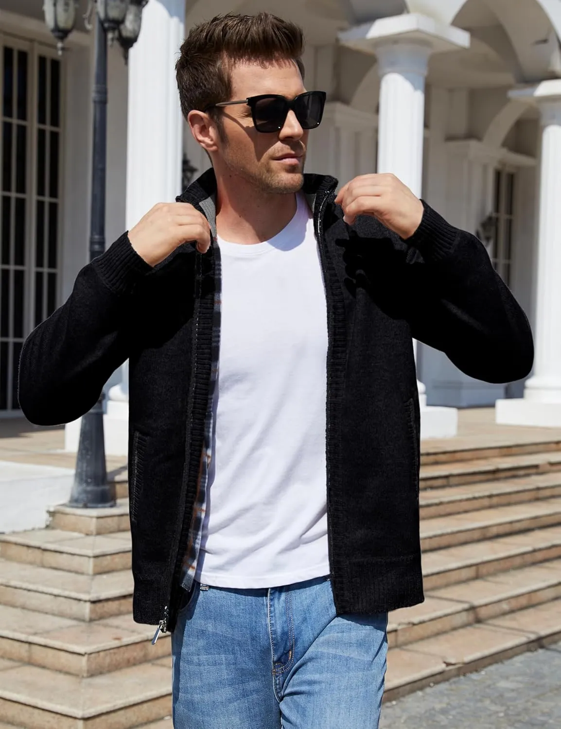 Yeokou Men's Casual Slim Full Zip Thick Knitted Cardigan Sweaters with Pockets