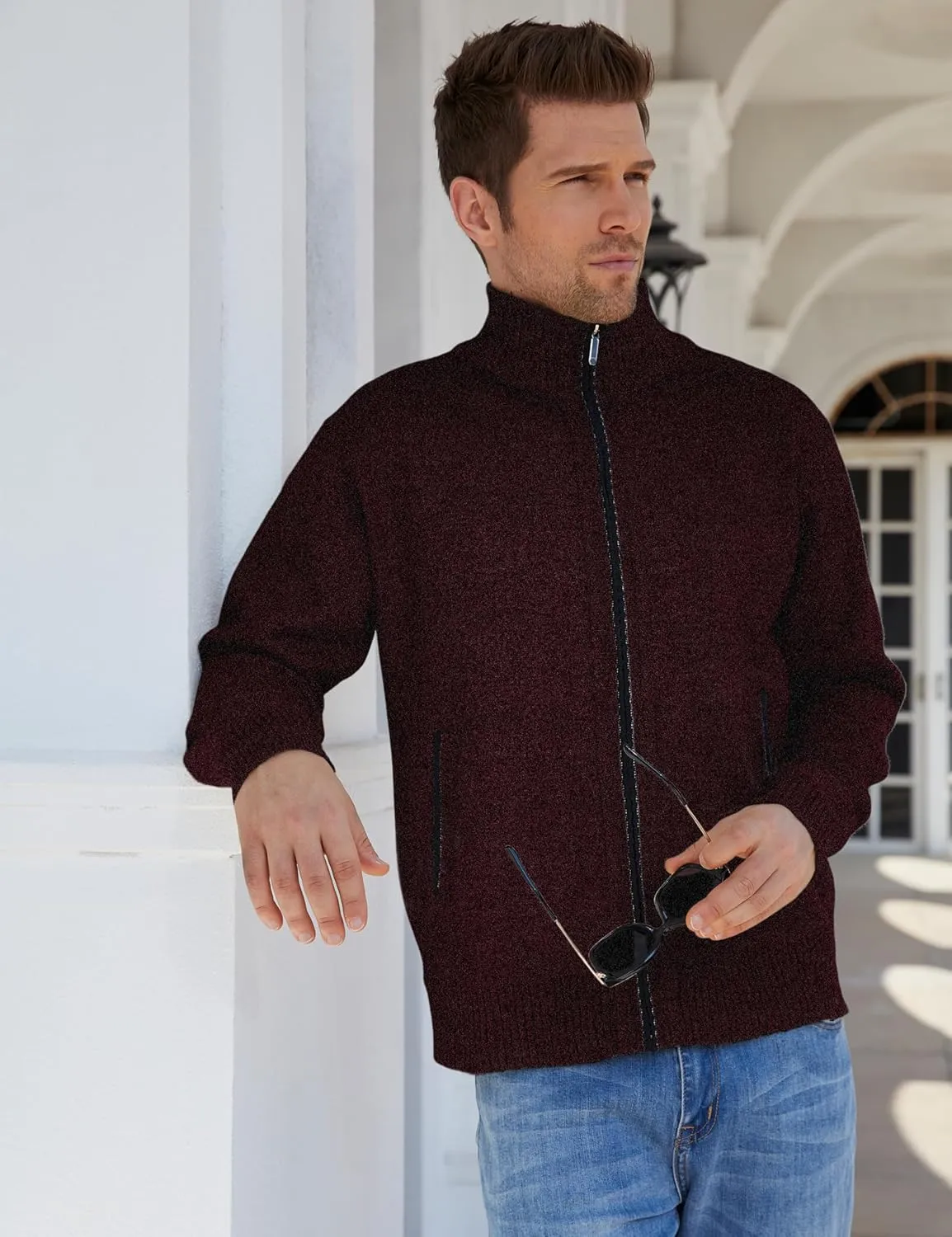 Yeokou Men's Casual Slim Full Zip Thick Knitted Cardigan Sweaters with Pockets