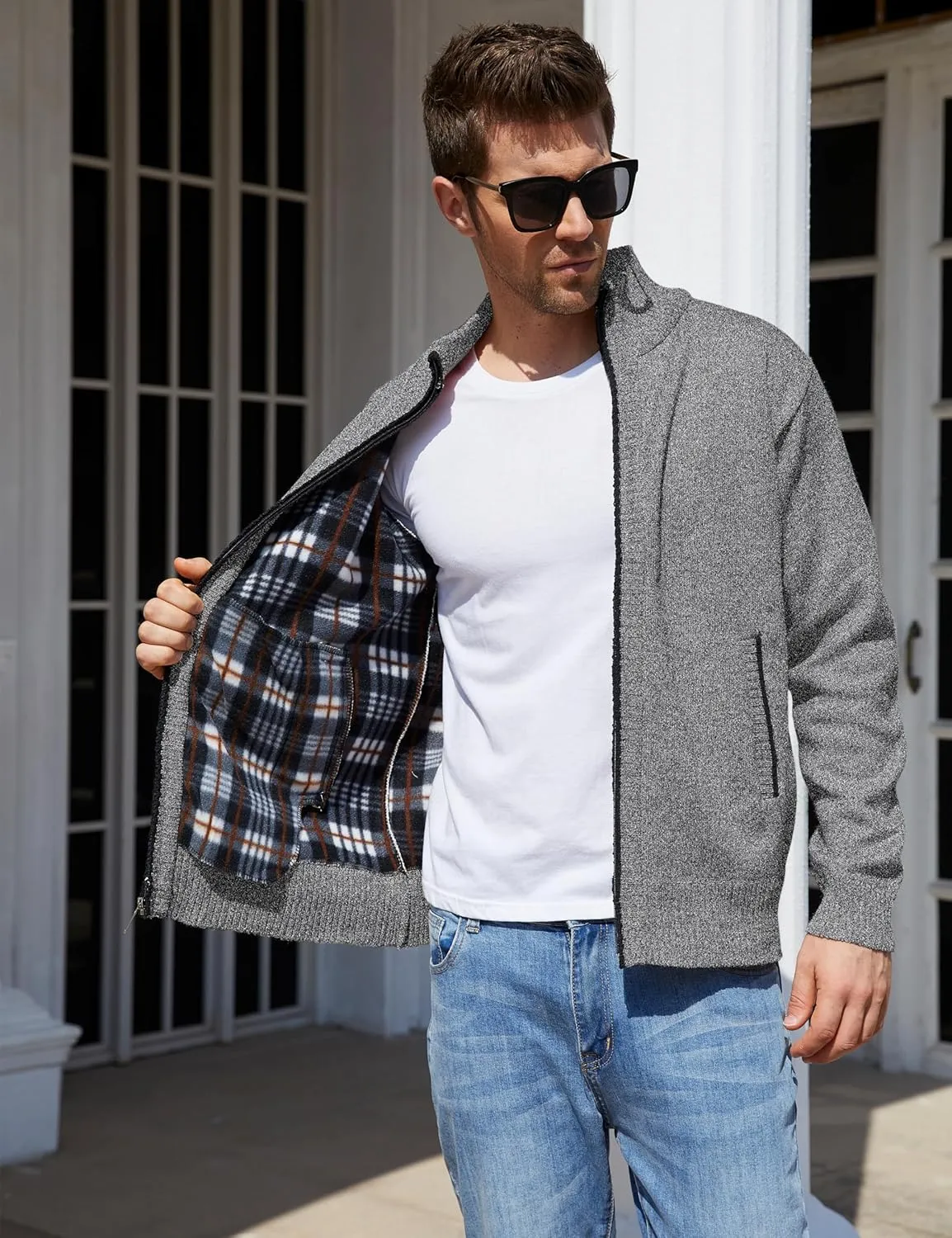 Yeokou Men's Casual Slim Full Zip Thick Knitted Cardigan Sweaters with Pockets