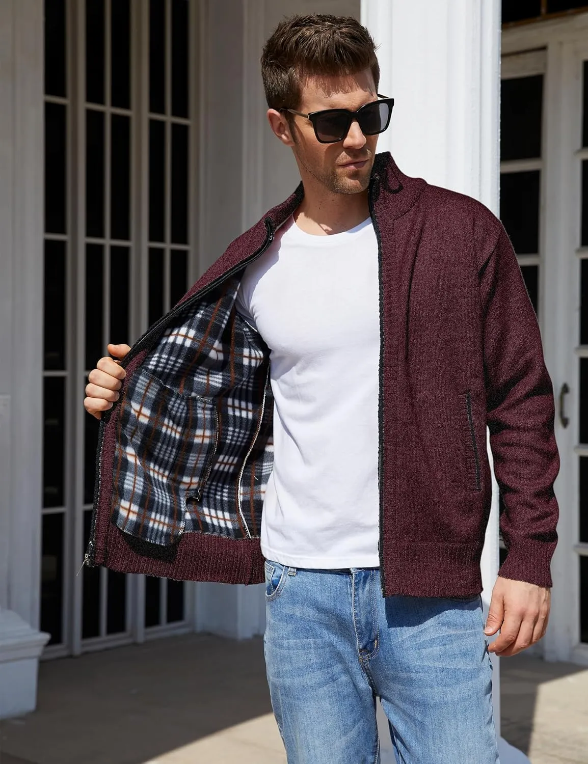 Yeokou Men's Casual Slim Full Zip Thick Knitted Cardigan Sweaters with Pockets