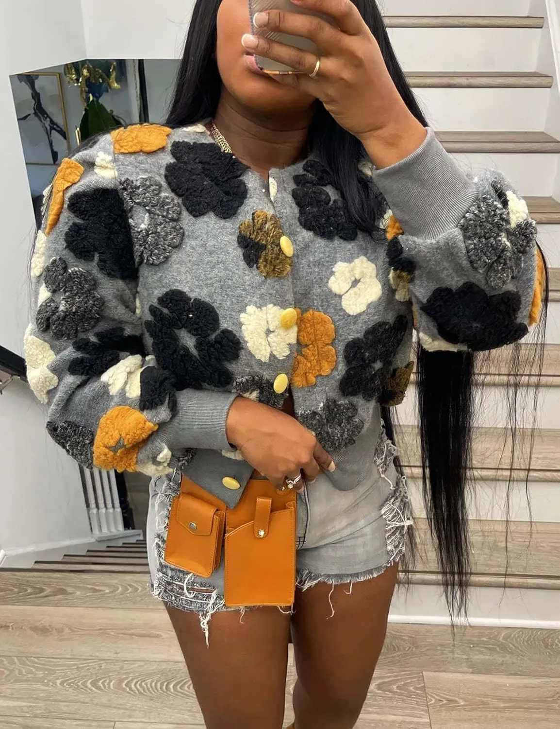 Yimoon Womens Cropped Floral Print Jacket Puff Sleeve Fleece Bomber Jacket Button Down Fall Winter Warm Outerwear