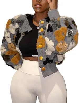 Yimoon Womens Cropped Floral Print Jacket Puff Sleeve Fleece Bomber Jacket Button Down Fall Winter Warm Outerwear