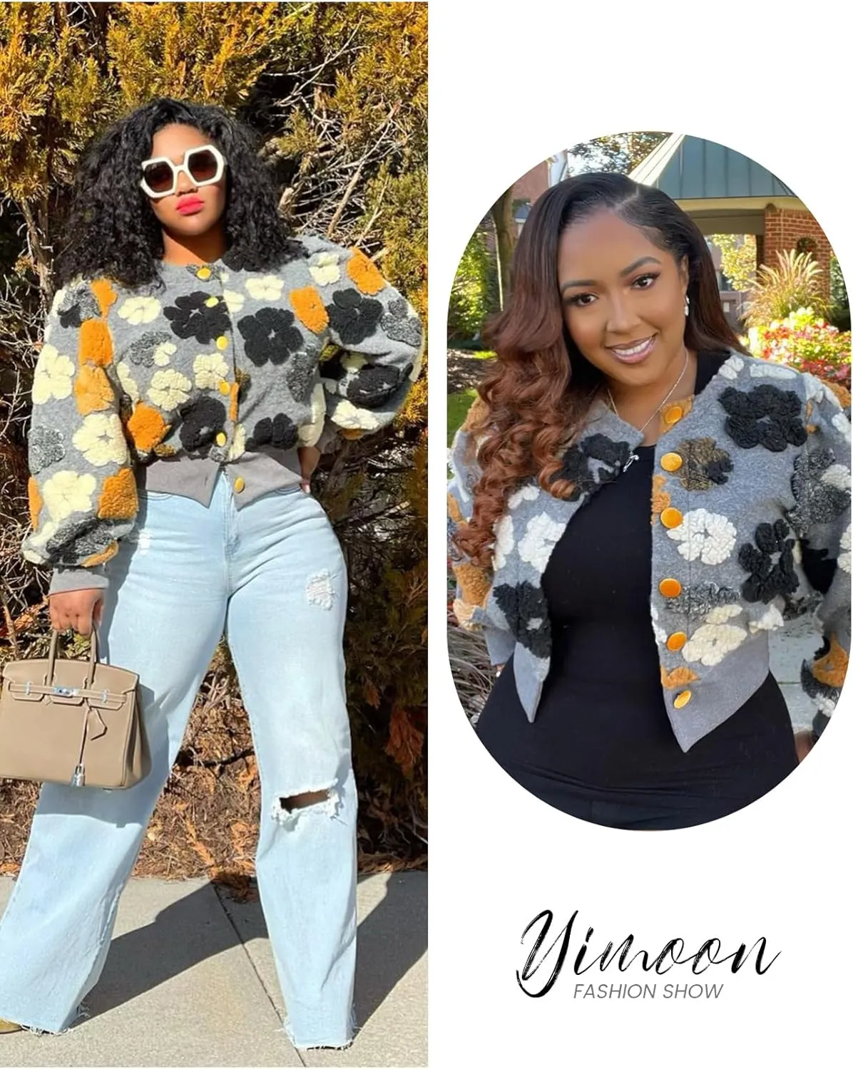 Yimoon Womens Cropped Floral Print Jacket Puff Sleeve Fleece Bomber Jacket Button Down Fall Winter Warm Outerwear