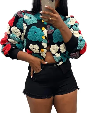 Yimoon Womens Cropped Floral Print Jacket Puff Sleeve Fleece Bomber Jacket Button Down Fall Winter Warm Outerwear