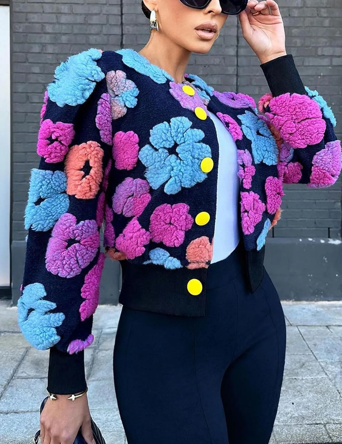 Yimoon Womens Cropped Floral Print Jacket Puff Sleeve Fleece Bomber Jacket Button Down Fall Winter Warm Outerwear