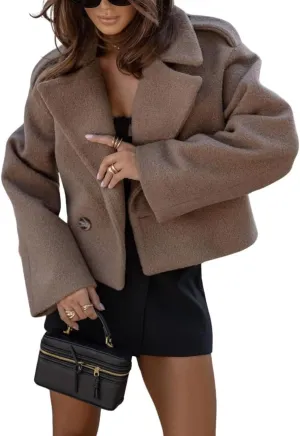 yoeasy Womens Casual Cropped Wool Blend Pea Coat Button Down Long Sleeve Lapel Jacket Short Trench Coat Outerwear