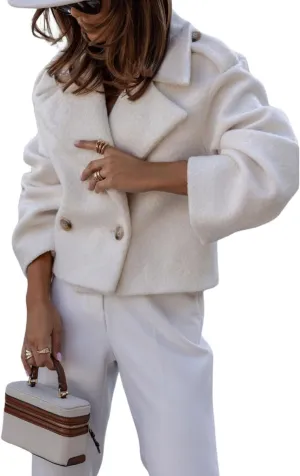 yoeasy Womens Casual Cropped Wool Blend Pea Coat Button Down Long Sleeve Lapel Jacket Short Trench Coat Outerwear