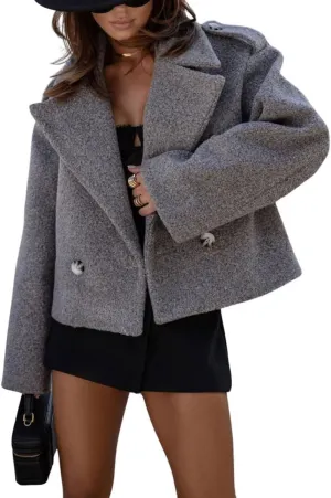 yoeasy Womens Casual Cropped Wool Blend Pea Coat Button Down Long Sleeve Lapel Jacket Short Trench Coat Outerwear
