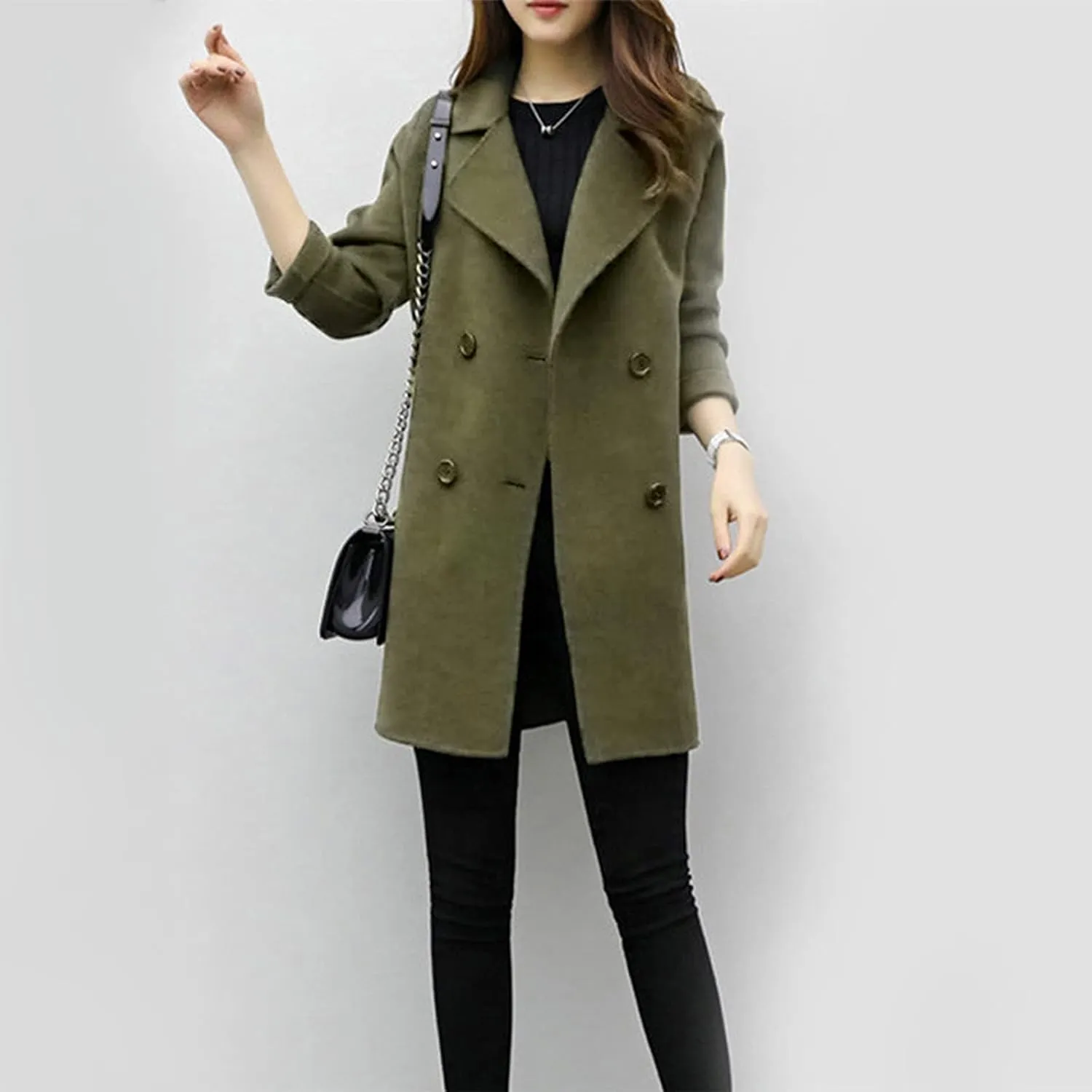 YRAETENM Womens Long Double Breasted Coats Elegant Elegant Notch Collar Wool Blend over Coat Fall Winter Trench Coat Outwear