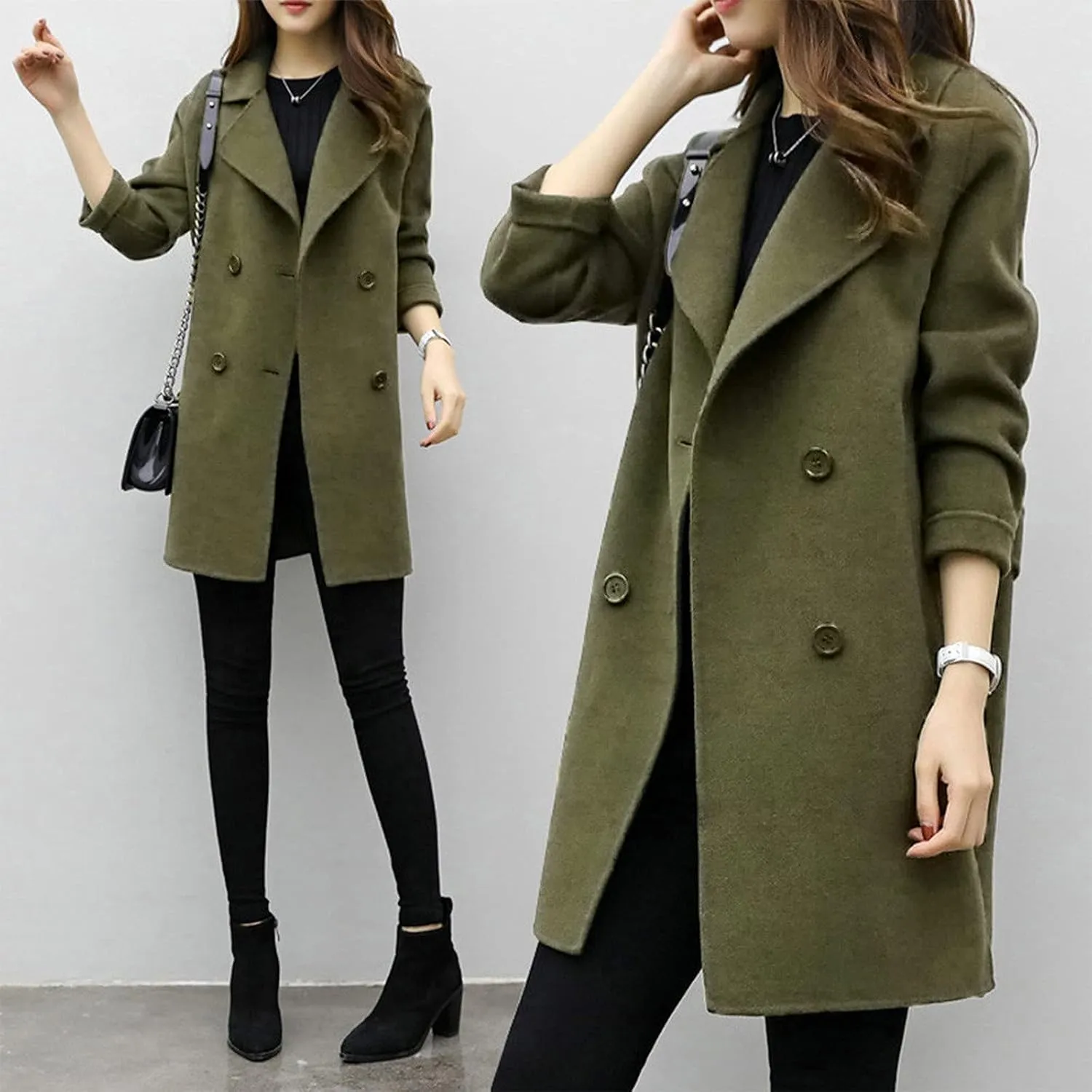 YRAETENM Womens Long Double Breasted Coats Elegant Elegant Notch Collar Wool Blend over Coat Fall Winter Trench Coat Outwear