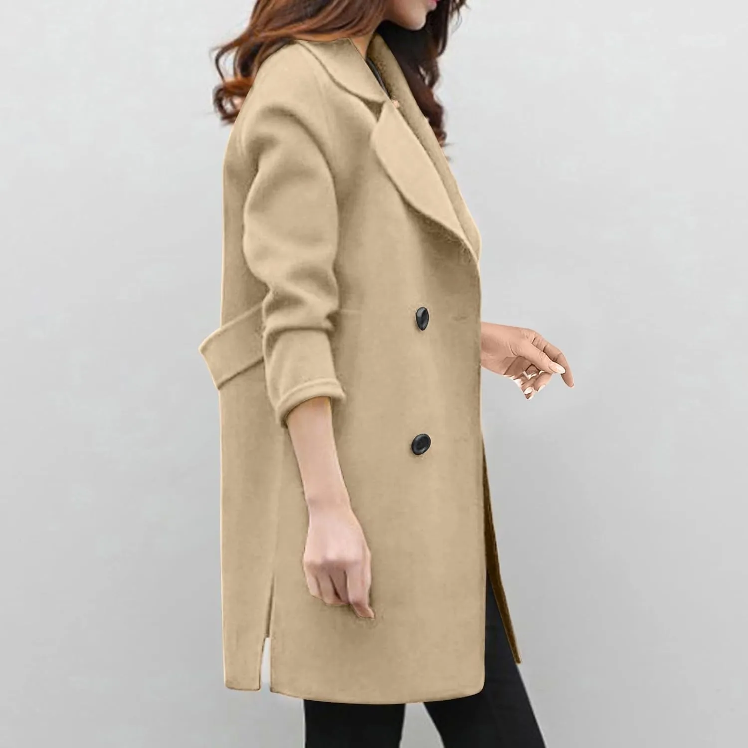 YRAETENM Womens Long Double Breasted Coats Elegant Elegant Notch Collar Wool Blend over Coat Fall Winter Trench Coat Outwear