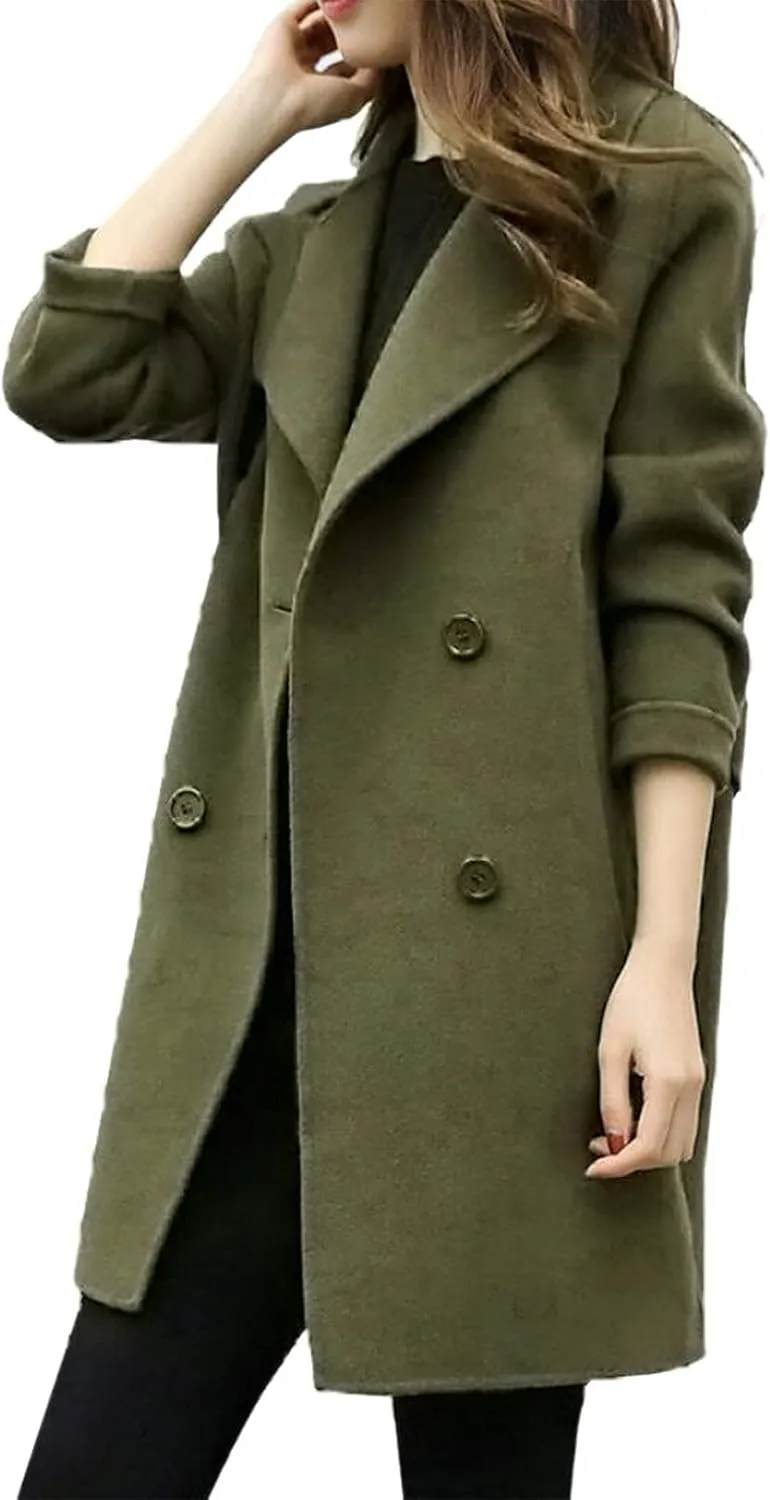 YRAETENM Womens Long Double Breasted Coats Elegant Elegant Notch Collar Wool Blend over Coat Fall Winter Trench Coat Outwear