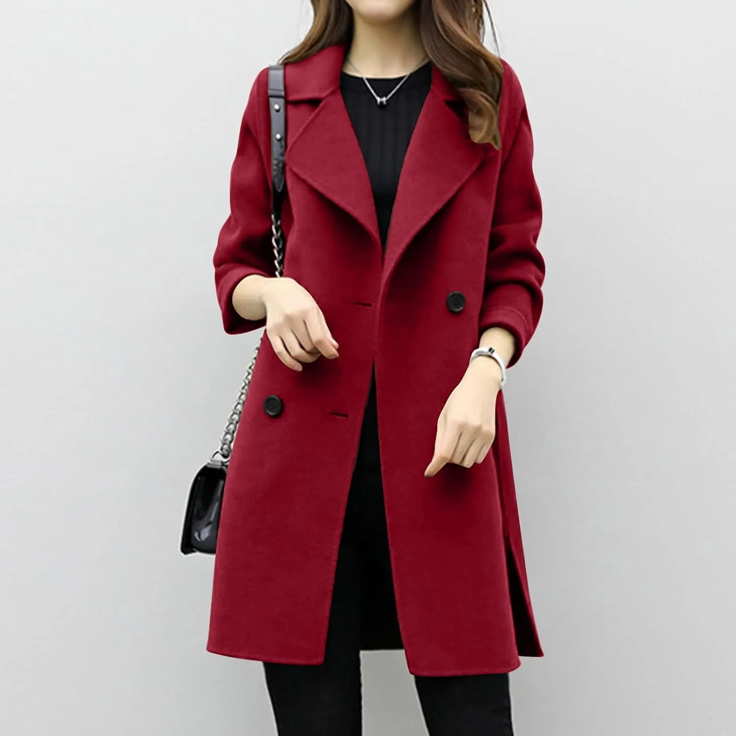 YRAETENM Womens Long Double Breasted Coats Elegant Elegant Notch Collar Wool Blend over Coat Fall Winter Trench Coat Outwear