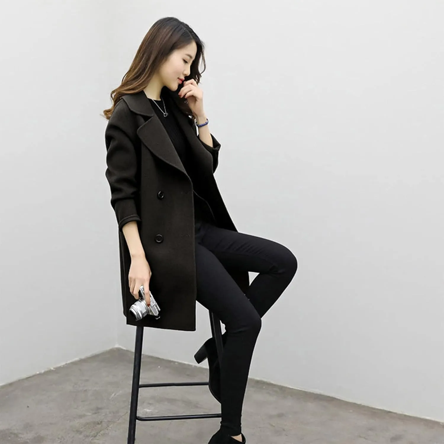 YRAETENM Womens Long Double Breasted Coats Elegant Elegant Notch Collar Wool Blend over Coat Fall Winter Trench Coat Outwear