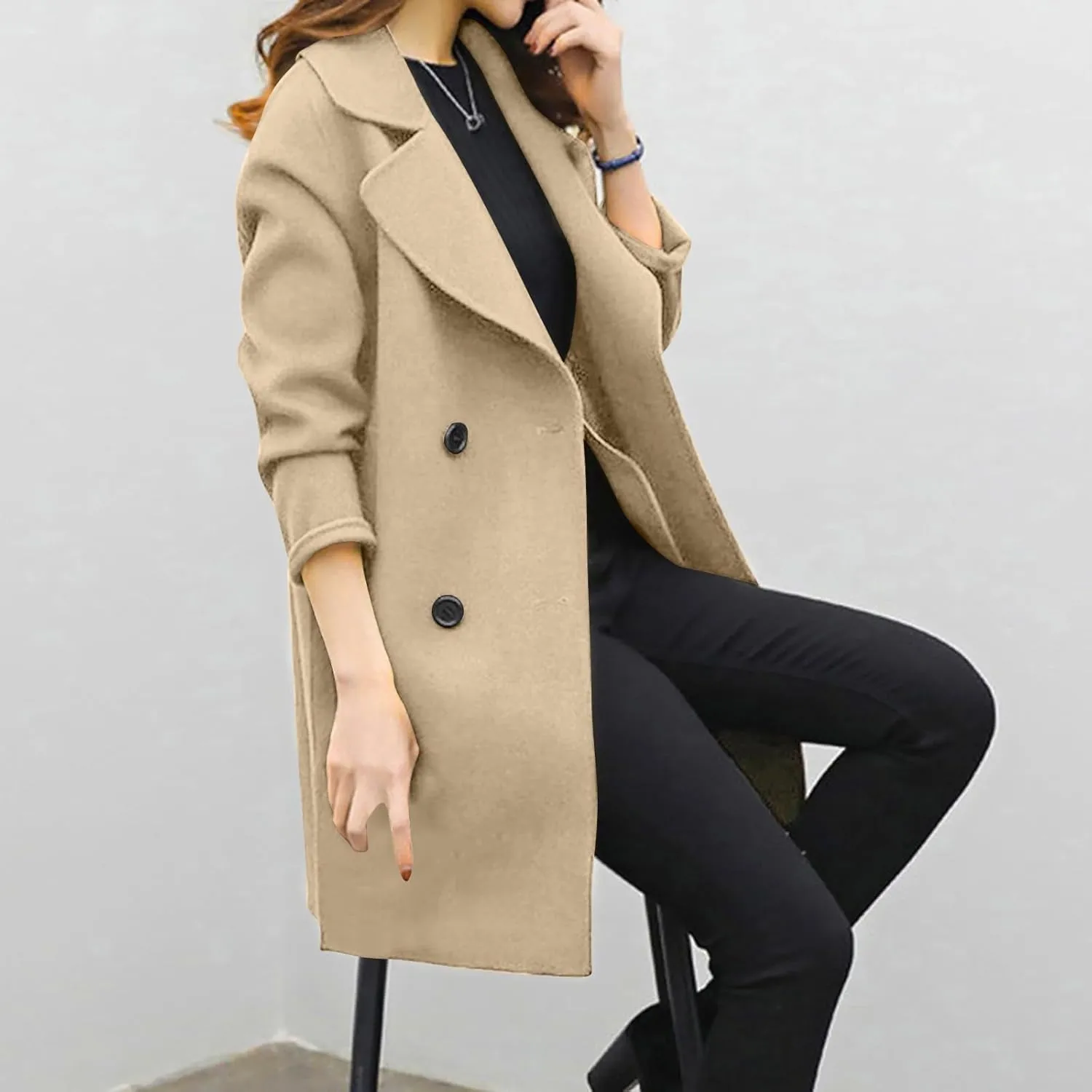 YRAETENM Womens Long Double Breasted Coats Elegant Elegant Notch Collar Wool Blend over Coat Fall Winter Trench Coat Outwear