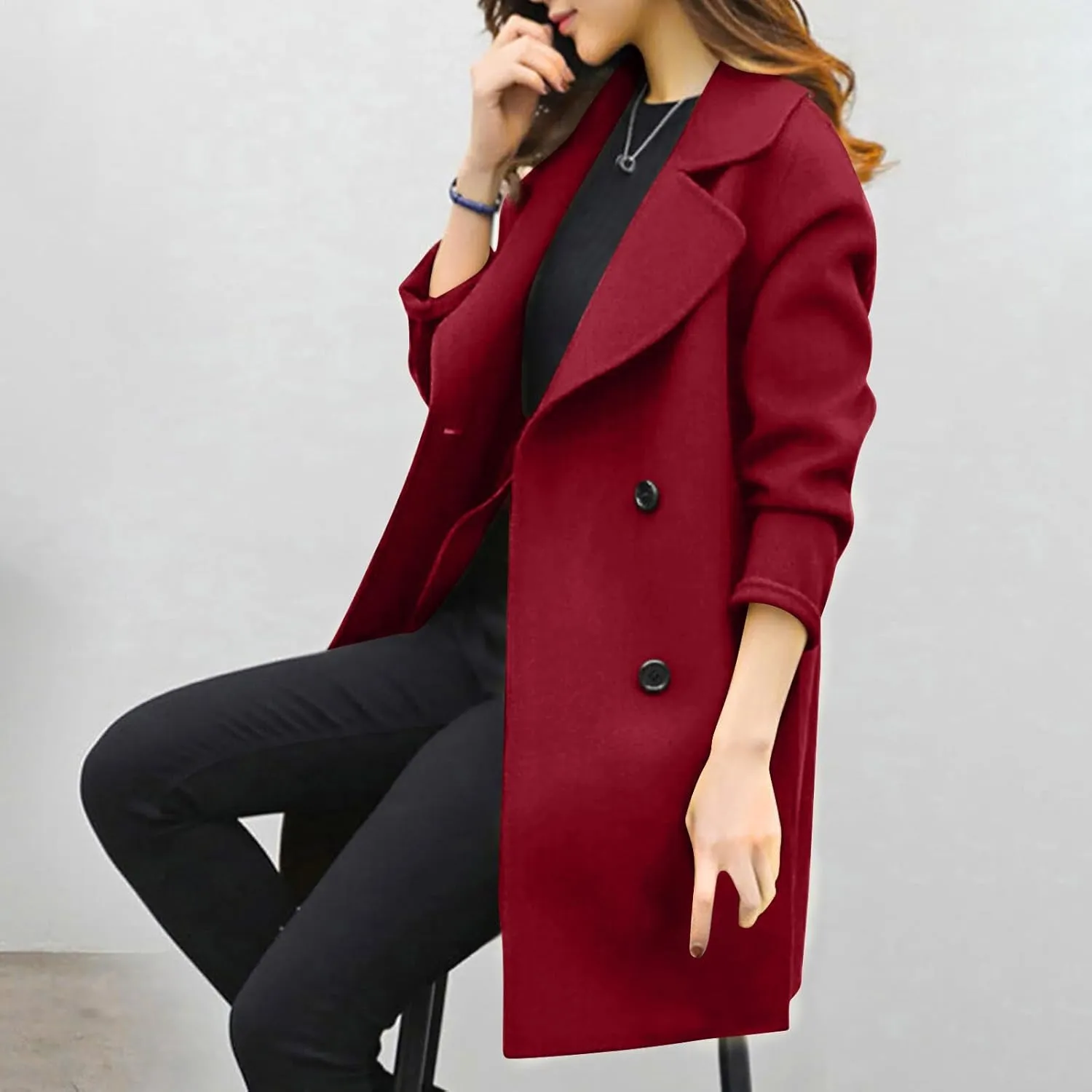 YRAETENM Womens Long Double Breasted Coats Elegant Elegant Notch Collar Wool Blend over Coat Fall Winter Trench Coat Outwear