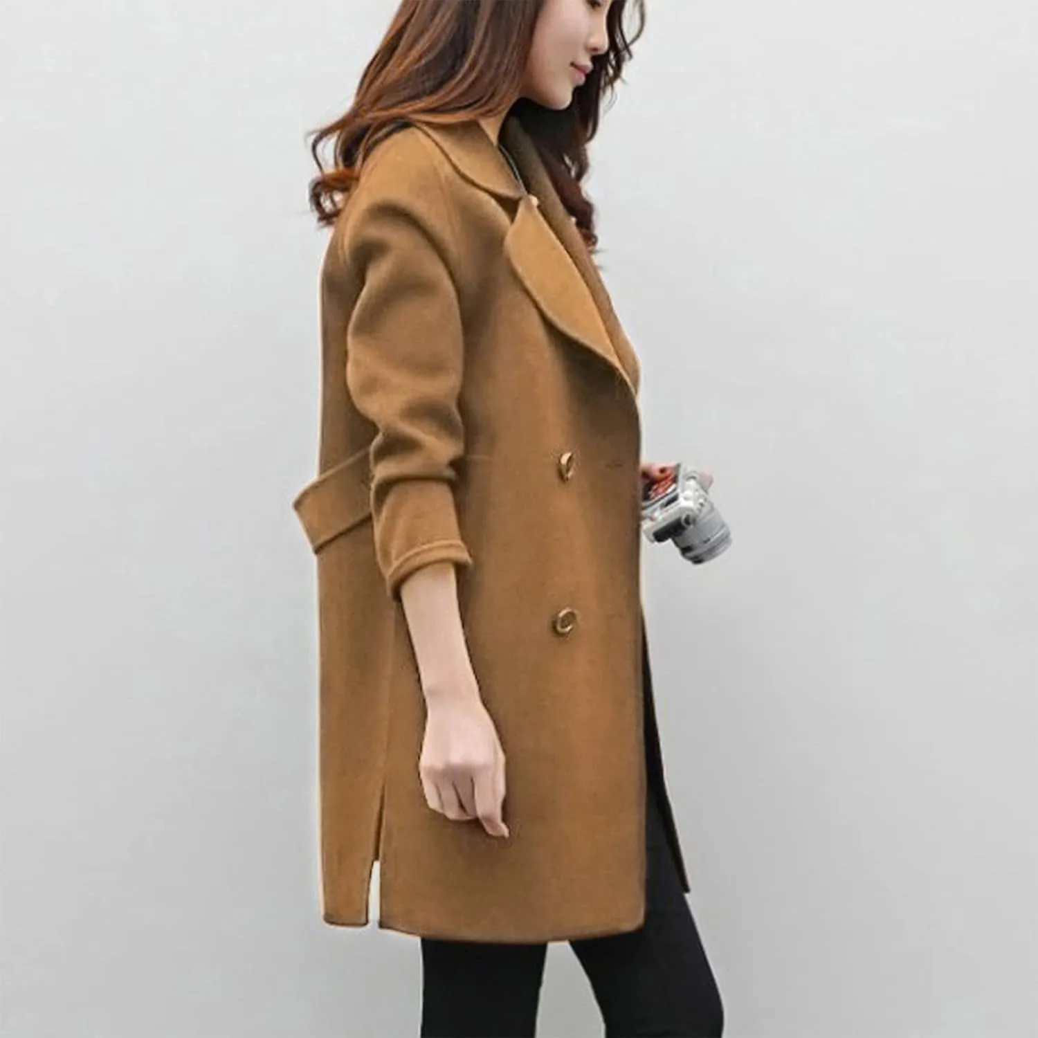 YRAETENM Womens Long Double Breasted Coats Elegant Elegant Notch Collar Wool Blend over Coat Fall Winter Trench Coat Outwear