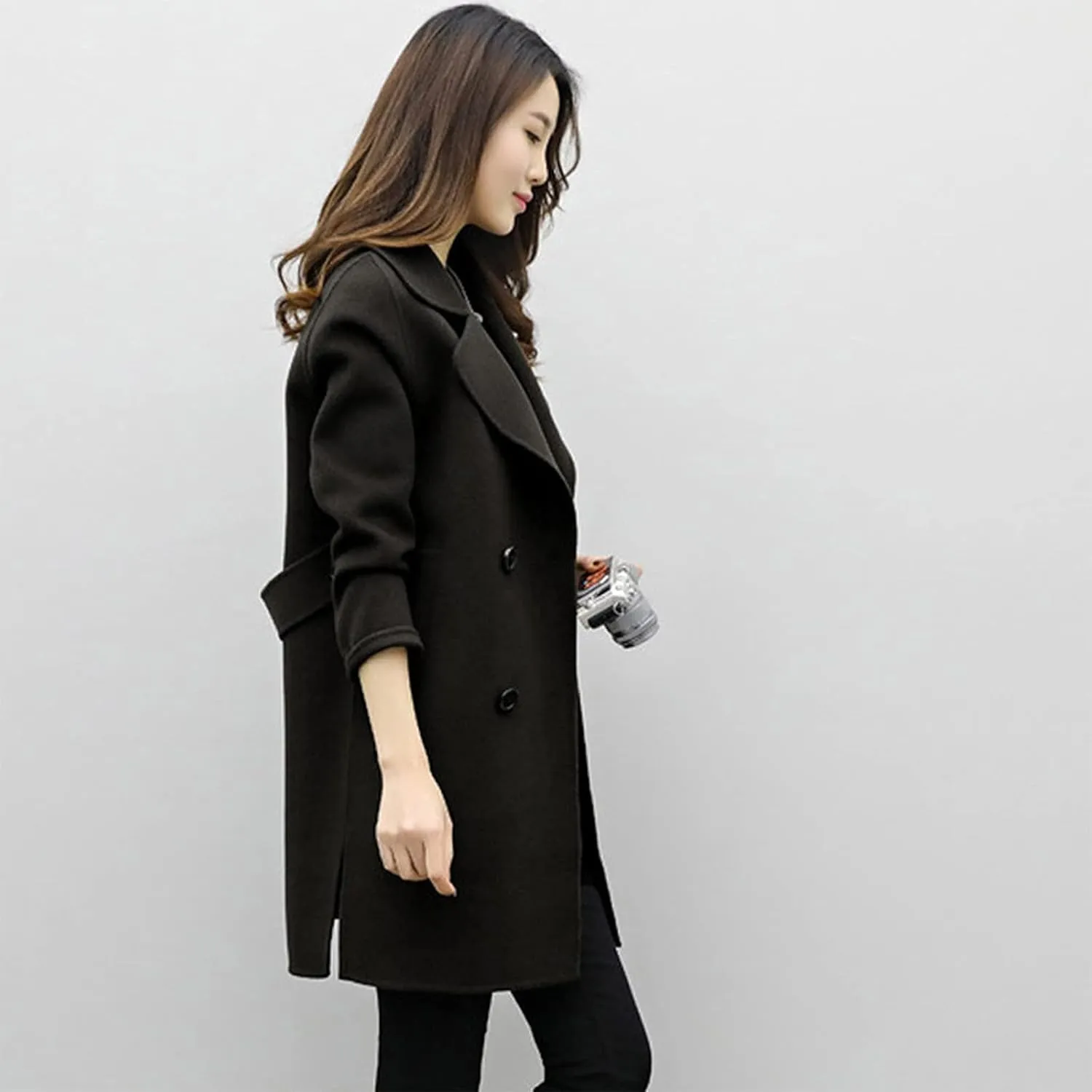 YRAETENM Womens Long Double Breasted Coats Elegant Elegant Notch Collar Wool Blend over Coat Fall Winter Trench Coat Outwear