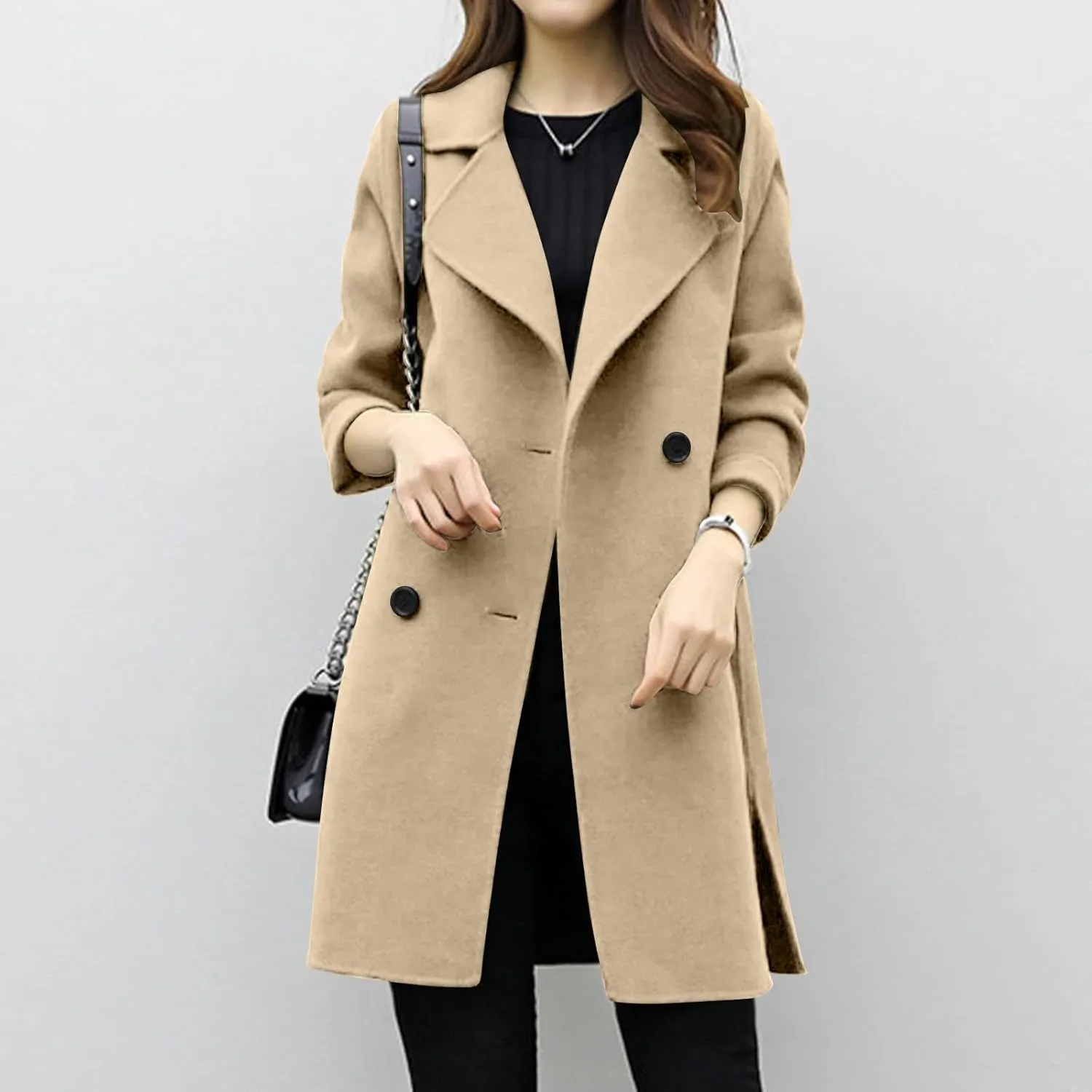 YRAETENM Womens Long Double Breasted Coats Elegant Elegant Notch Collar Wool Blend over Coat Fall Winter Trench Coat Outwear