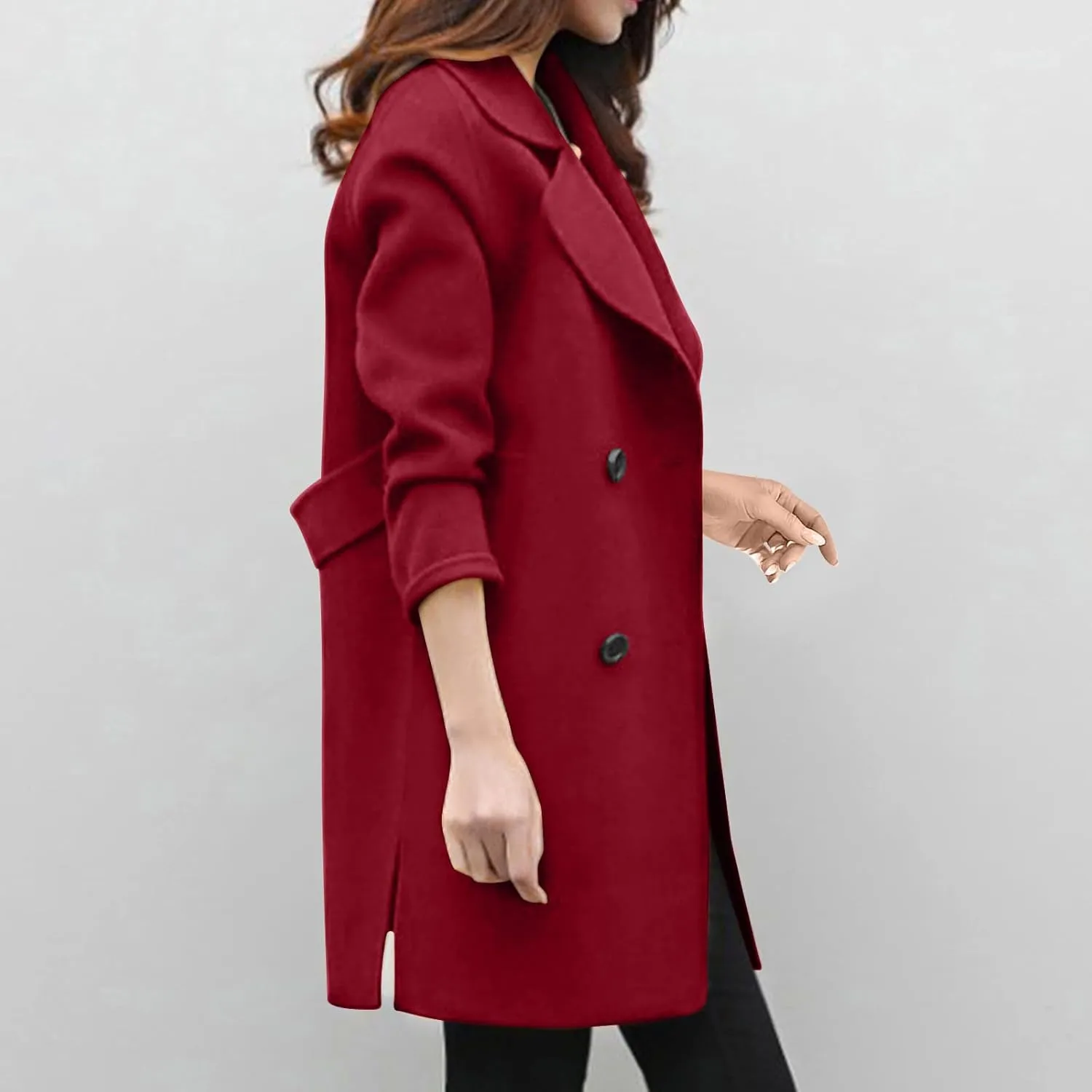 YRAETENM Womens Long Double Breasted Coats Elegant Elegant Notch Collar Wool Blend over Coat Fall Winter Trench Coat Outwear