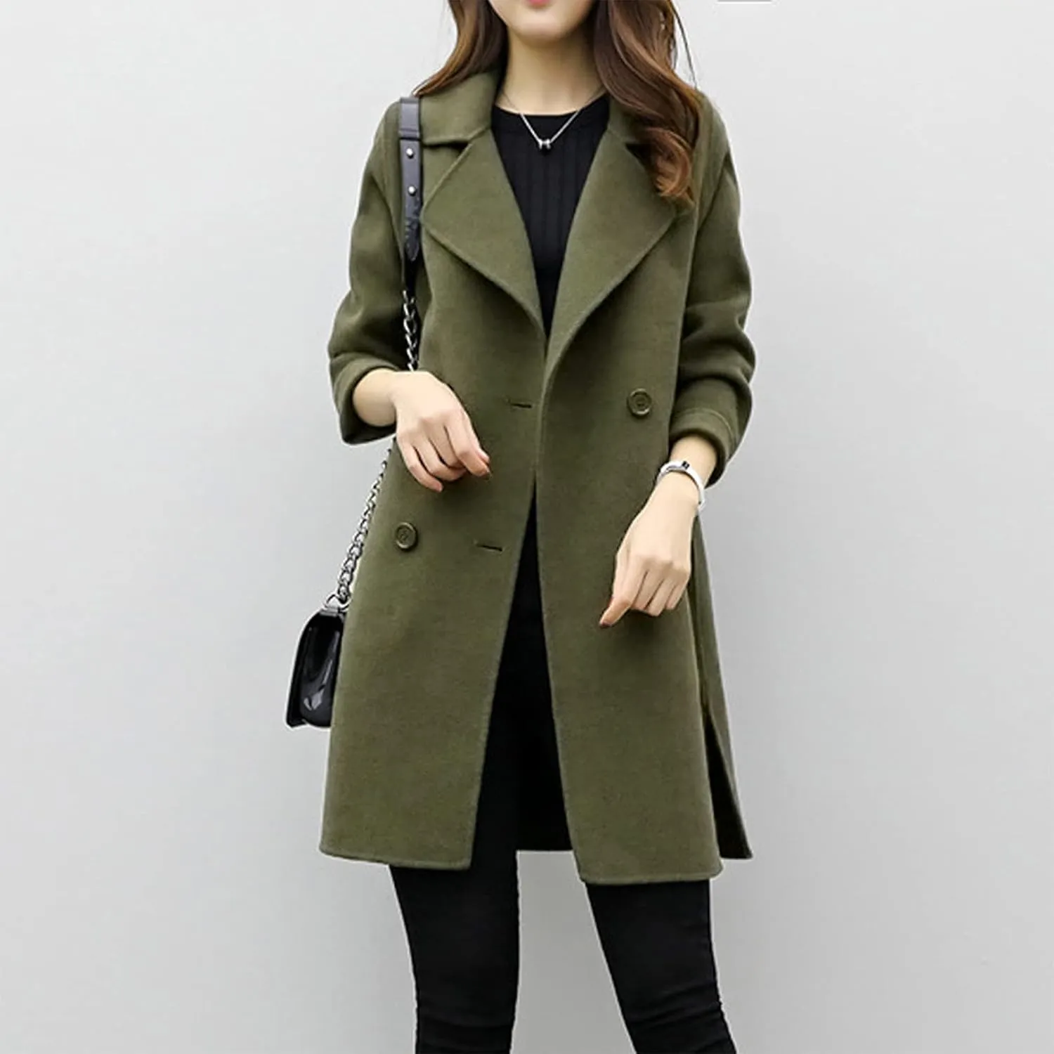 YRAETENM Womens Long Double Breasted Coats Elegant Elegant Notch Collar Wool Blend over Coat Fall Winter Trench Coat Outwear