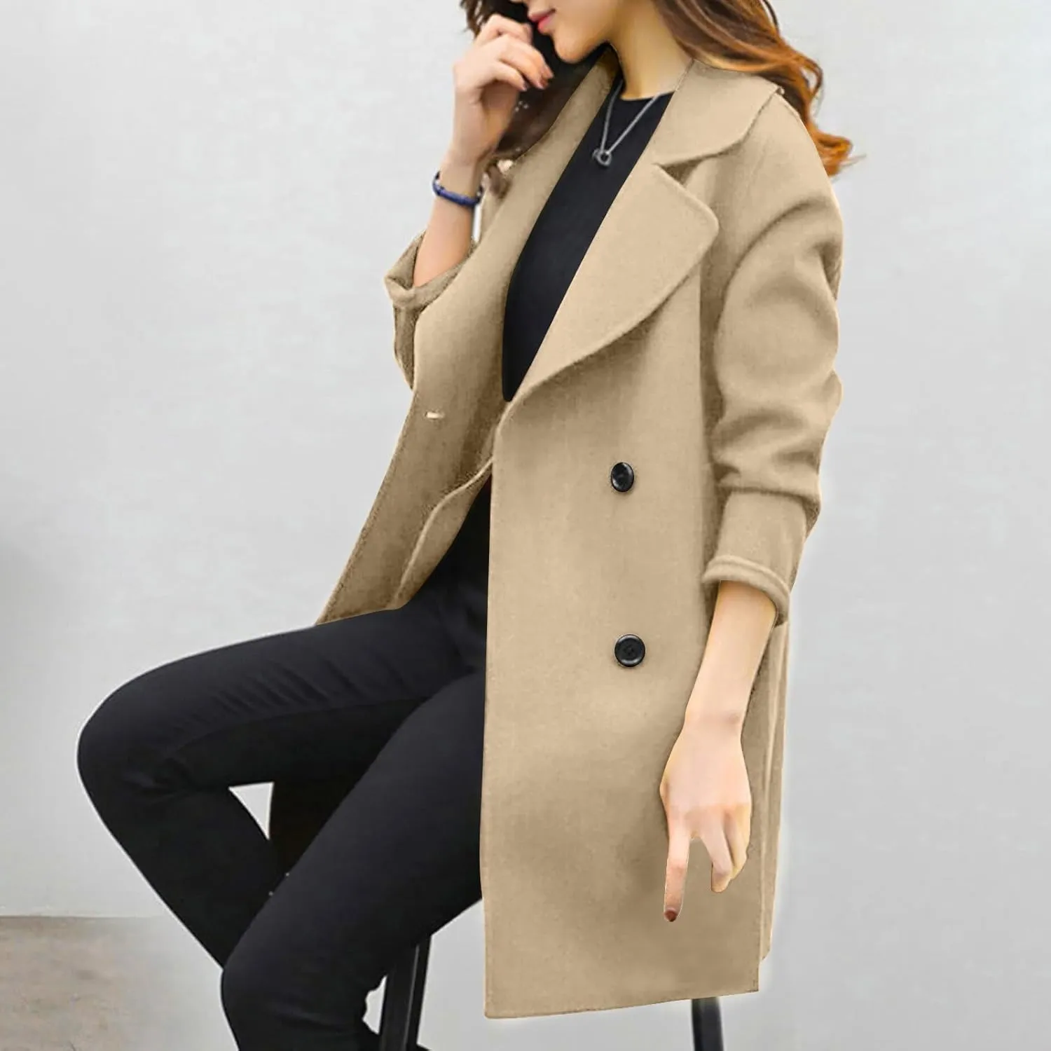 YRAETENM Womens Long Double Breasted Coats Elegant Elegant Notch Collar Wool Blend over Coat Fall Winter Trench Coat Outwear