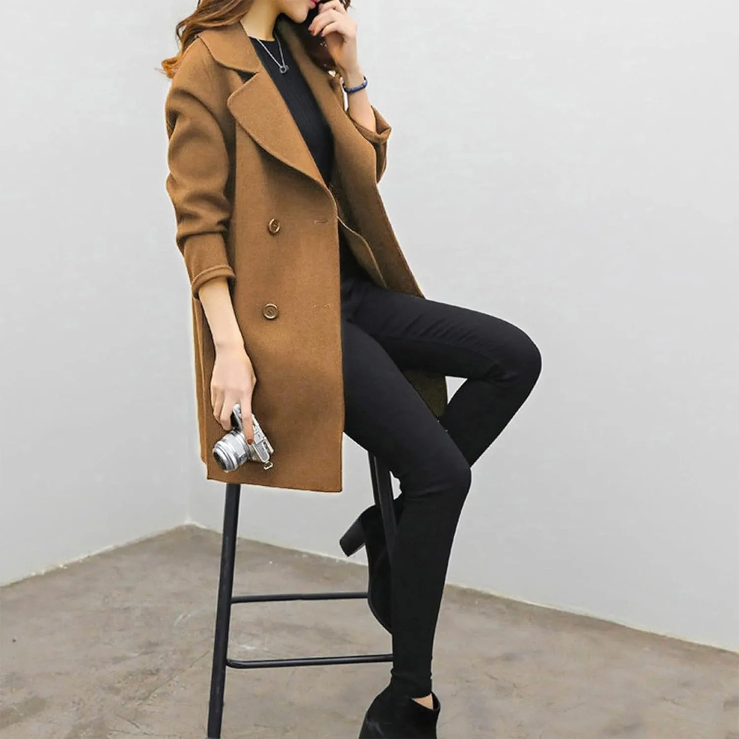 YRAETENM Womens Long Double Breasted Coats Elegant Elegant Notch Collar Wool Blend over Coat Fall Winter Trench Coat Outwear
