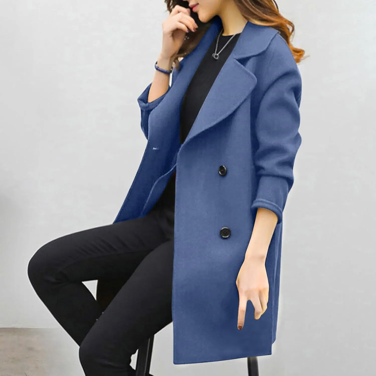 YRAETENM Womens Long Double Breasted Coats Elegant Elegant Notch Collar Wool Blend over Coat Fall Winter Trench Coat Outwear