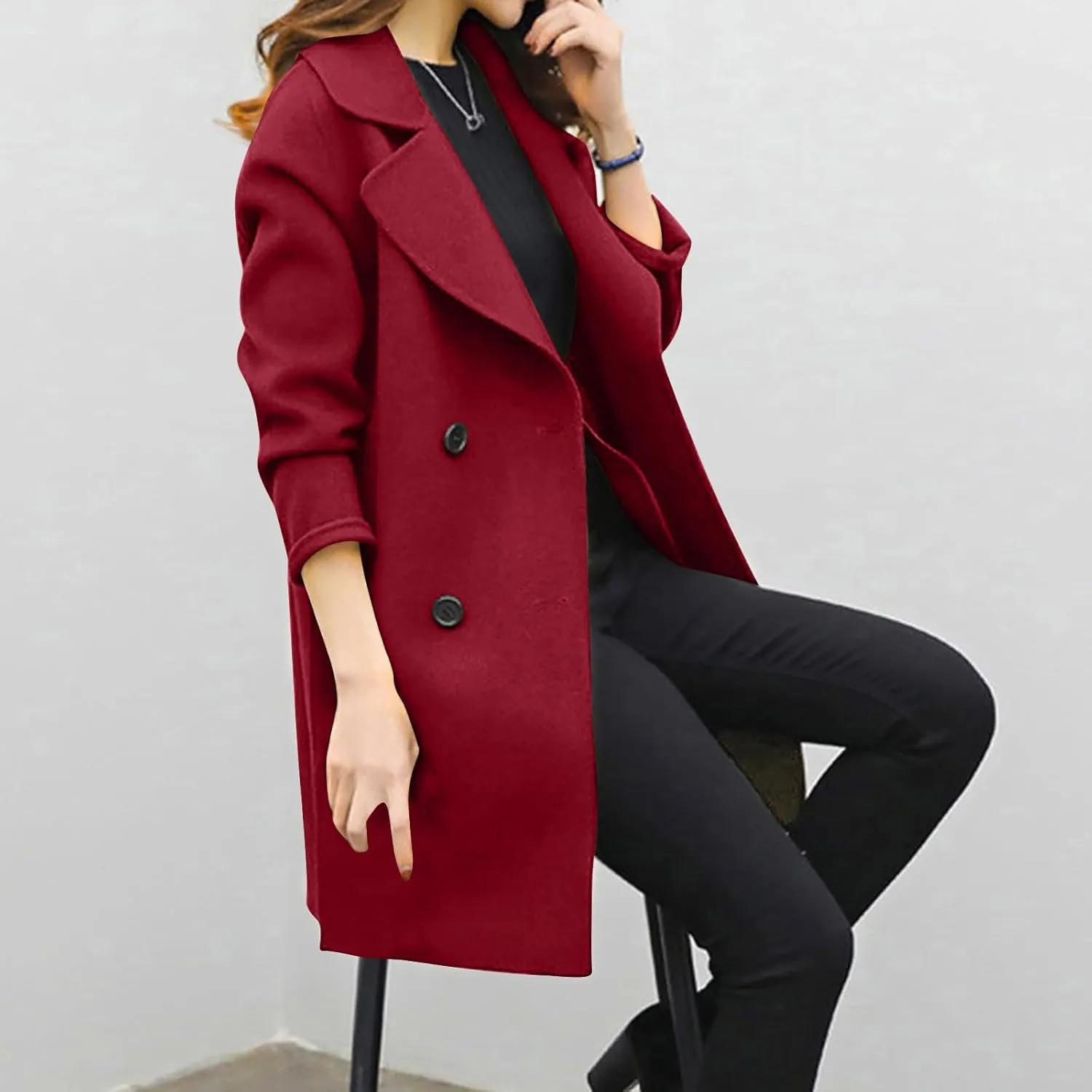 YRAETENM Womens Long Double Breasted Coats Elegant Elegant Notch Collar Wool Blend over Coat Fall Winter Trench Coat Outwear