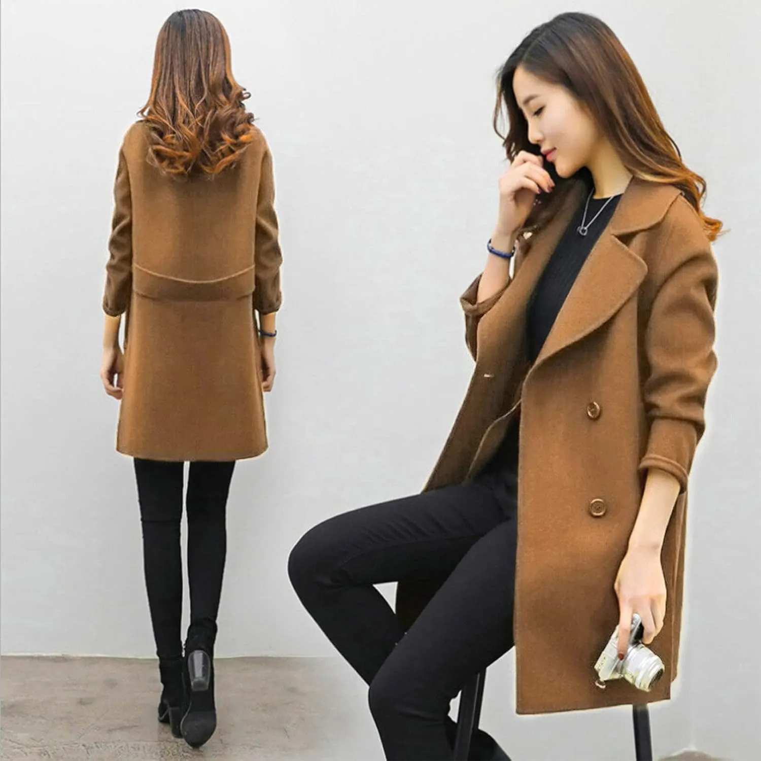 YRAETENM Womens Long Double Breasted Coats Elegant Elegant Notch Collar Wool Blend over Coat Fall Winter Trench Coat Outwear