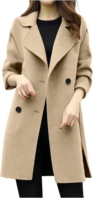 YRAETENM Womens Long Double Breasted Coats Elegant Elegant Notch Collar Wool Blend over Coat Fall Winter Trench Coat Outwear