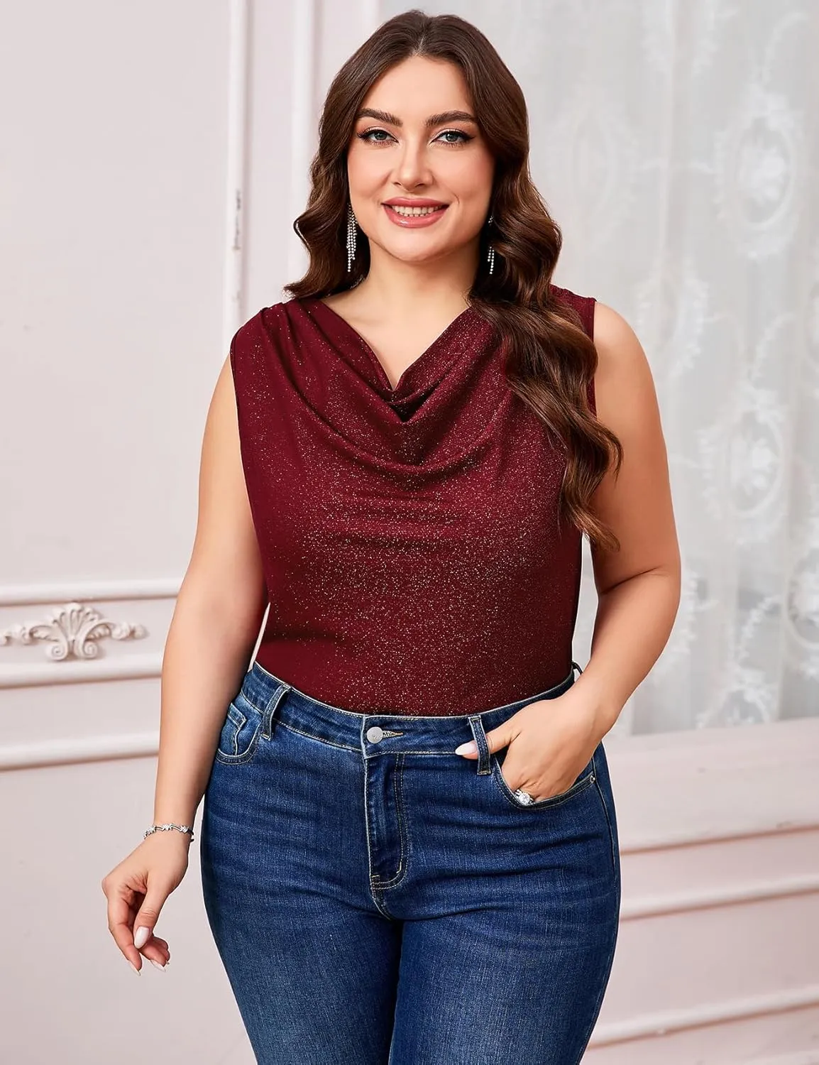 ZOMVA Plus Size 0X-4X Sparkly Glitter Ruched Tops Cowl Neck Sparkle Sequin Shirts with Side Shirring Cocktail Party Outfits