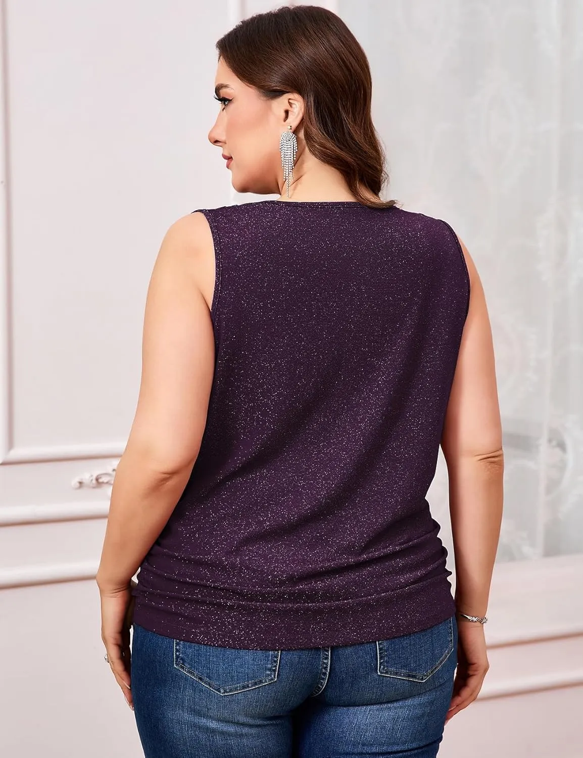 ZOMVA Plus Size 0X-4X Sparkly Glitter Ruched Tops Cowl Neck Sparkle Sequin Shirts with Side Shirring Cocktail Party Outfits