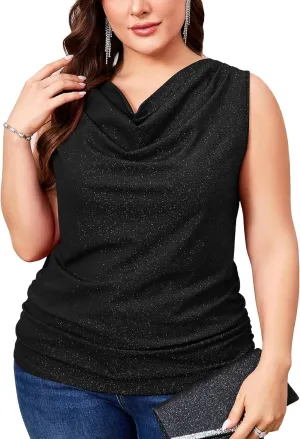 ZOMVA Plus Size 0X-4X Sparkly Glitter Ruched Tops Cowl Neck Sparkle Sequin Shirts with Side Shirring Cocktail Party Outfits