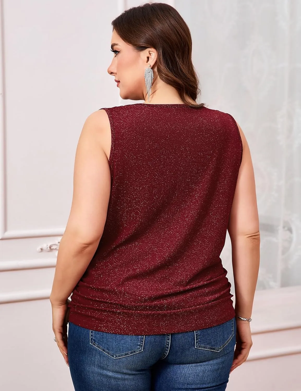 ZOMVA Plus Size 0X-4X Sparkly Glitter Ruched Tops Cowl Neck Sparkle Sequin Shirts with Side Shirring Cocktail Party Outfits