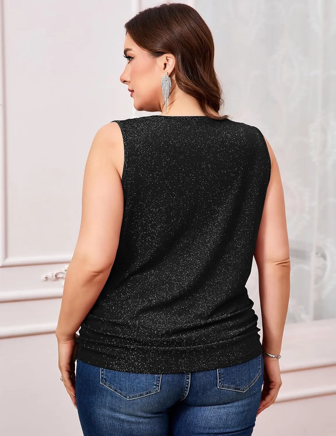 ZOMVA Plus Size 0X-4X Sparkly Glitter Ruched Tops Cowl Neck Sparkle Sequin Shirts with Side Shirring Cocktail Party Outfits