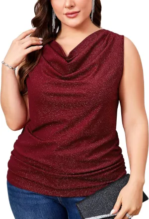 ZOMVA Plus Size 0X-4X Sparkly Glitter Ruched Tops Cowl Neck Sparkle Sequin Shirts with Side Shirring Cocktail Party Outfits
